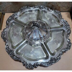 Vintage Silver Plated Lazy Susan Serving Platter 19" Turn Table Vegetable Dip C